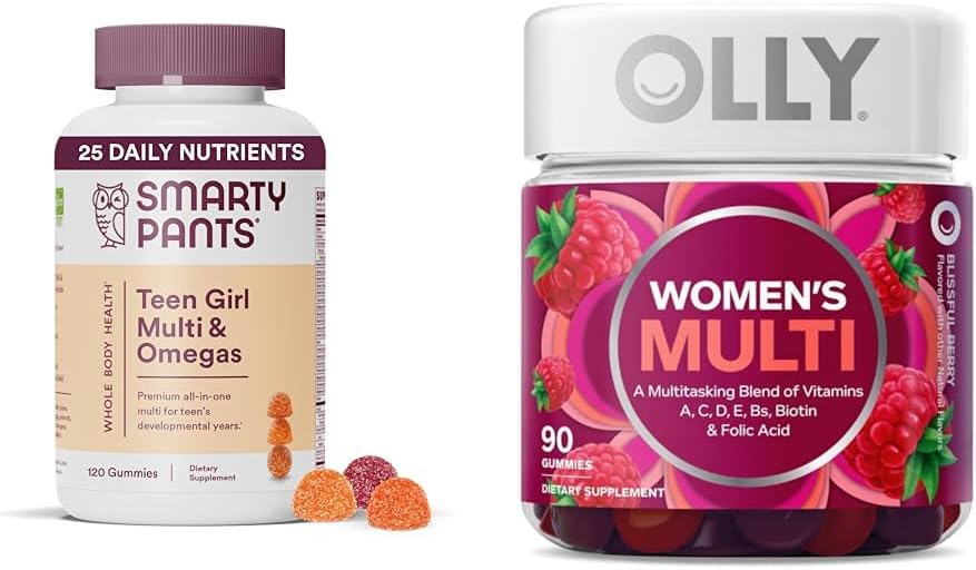 SmartyPants Teen Girl Multivitamin Gummies with Omega 3 Fish Oil, Vitamins D3, C, B12, B6, A, K, çinko & OLLY Women's Multivitamin Gummy with Vitamins A, D, C, E, Biotin, Folic Acid, Berry Flavor