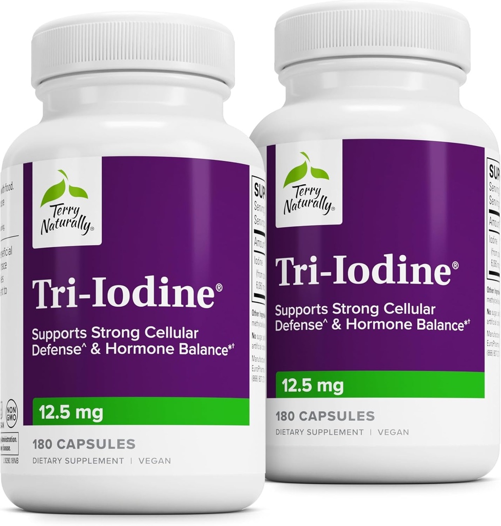 Terry Natural Tri-Iodine – Aid Yourroid Health with P properties Iodide & sodyum Iodide - Aids Hormon Dengesi ile Moleküler Iodine from Kelp - Brain & Energy Support - 12.5 mg, 180 Capsules (Pack of 2)