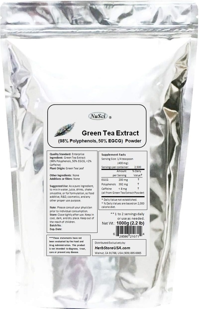 Green Tea Extract Toz Standartized 98 Polyols ve% 50 EGCG GMO Free Non-Irradiated (1000 gram (2.2 lb))