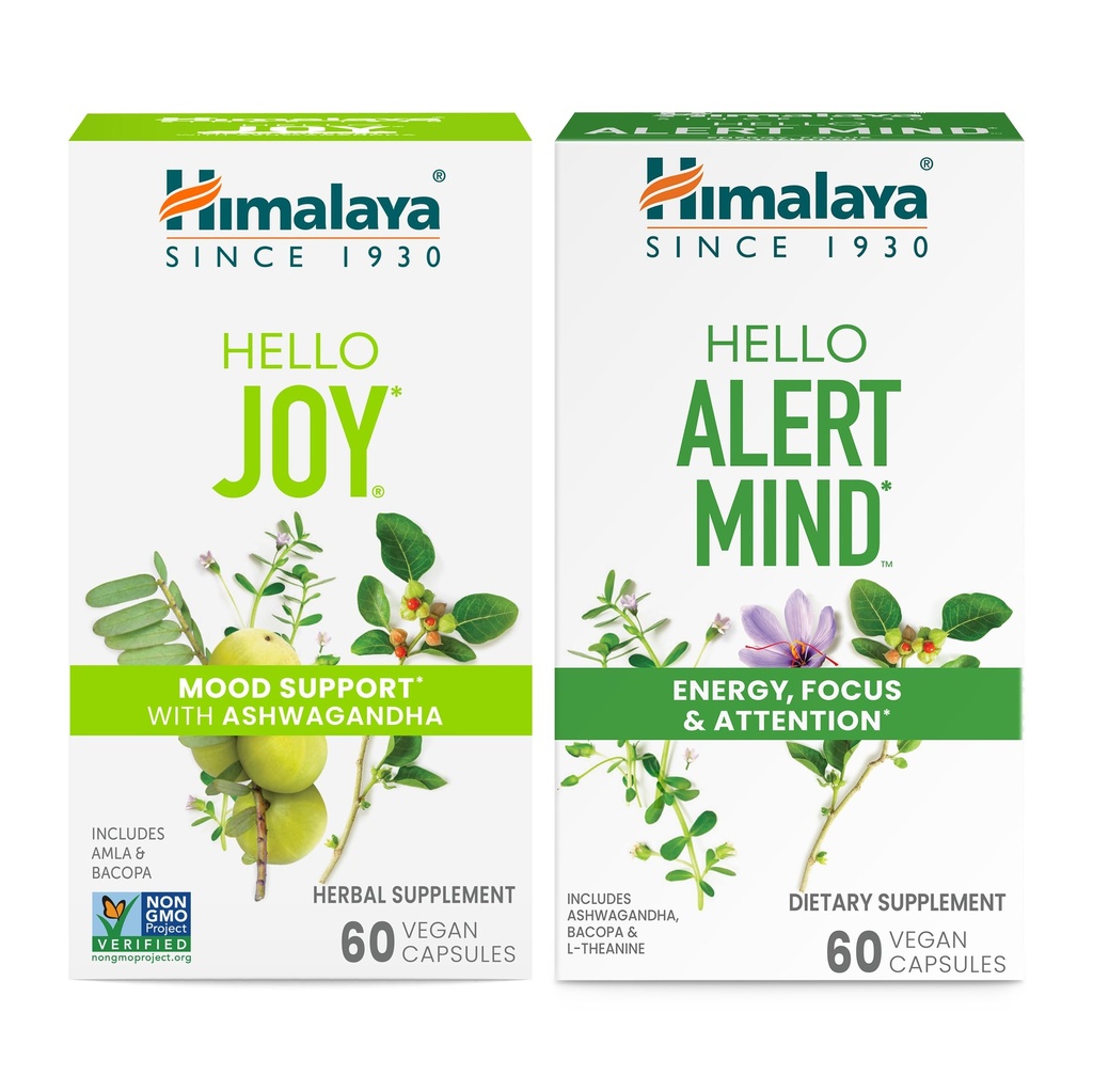 Himalaya Merhaba Joy, Improving Mood and Spirits & Himalaya Hello Alert Mind with Bacopa for Energy, Focus & Dikkat, Herbal Supplement, 60 Capsules Herbal Supplement, 60 Capsules