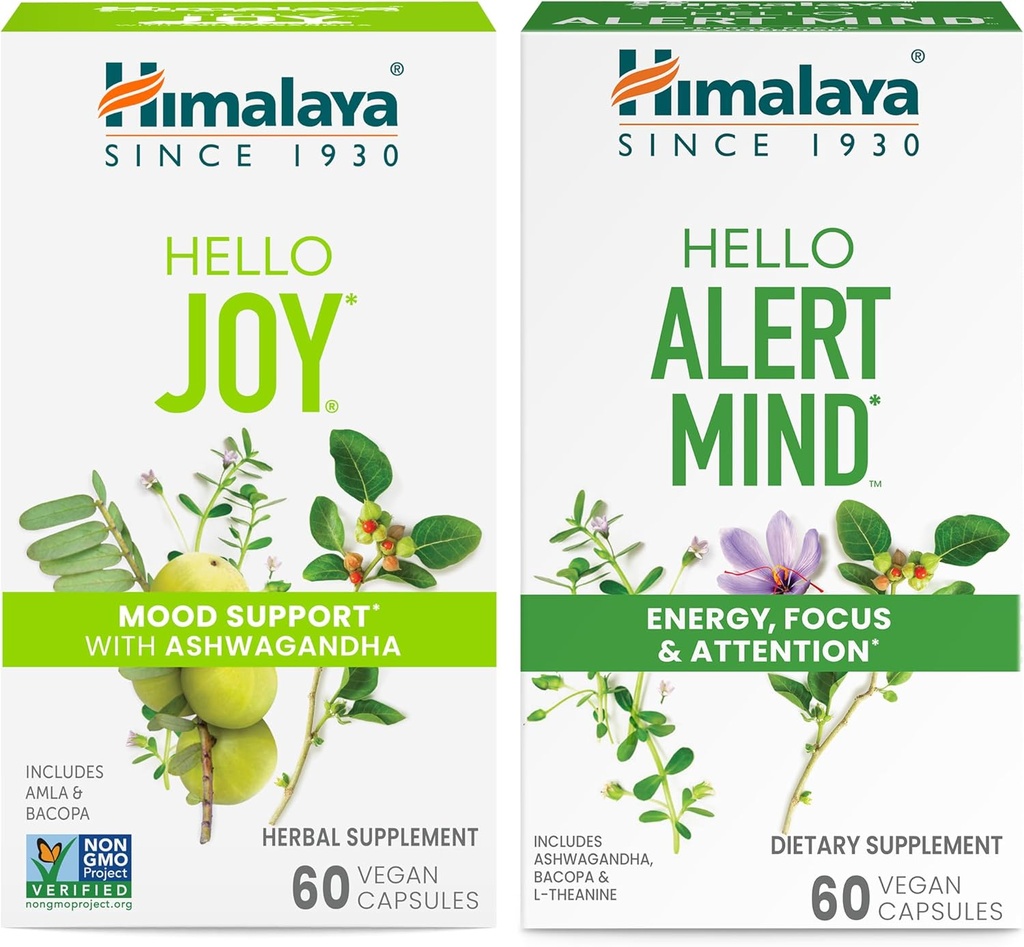 Himalaya Merhaba Joy, Improving Mood and Spirits & Himalaya Hello Alert Mind with Bacopa for Energy, Focus & Dikkat, Herbal Supplement, 60 Capsules Herbal Supplement, 60 Capsules
