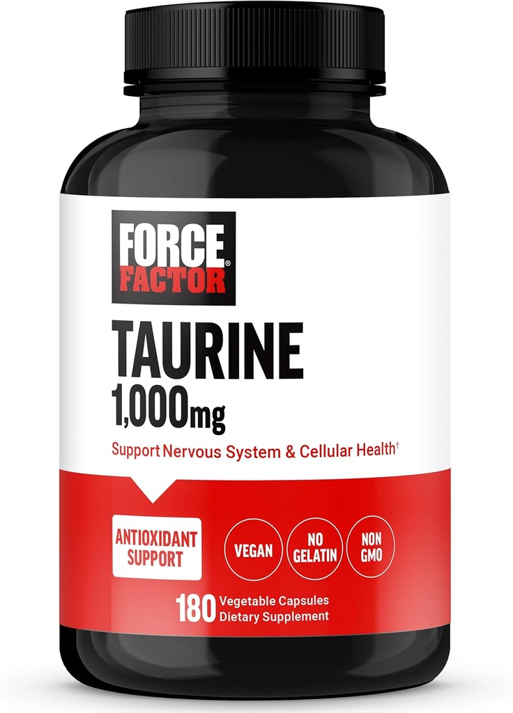 FORCE FACTOR Taurine συμπλήρωμα, Taurine 500mg κάψουλες Αντιοξειδωτικό συμπλήρωμα για την υποστήριξη του νευρικού συστήματος και της κυτταρικής υγείας, Vegan, Όχι Ζελατίνη, μη ΓΤΟ, 180 κάψουλες λαχανικών