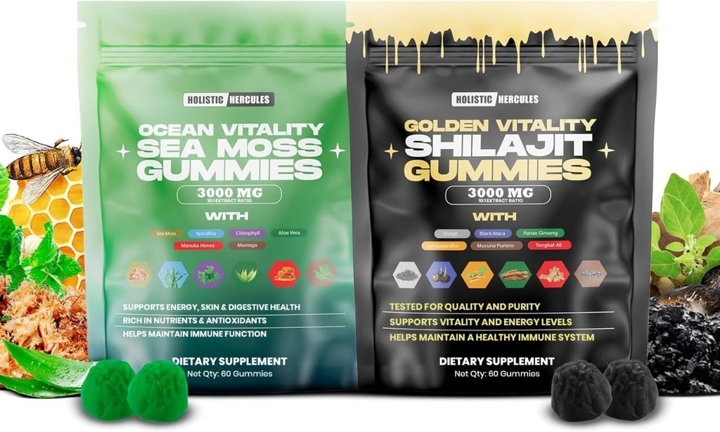 Holistic Hercules Sea Moss & Pure Himalayan Shilajit Gummies Gold | 100% Natural Organic Vegan | Nodrew Sugar | Ashwagandha Tongkat Ali Ginseng Spirulina Moringa Manuka Honey | 60 Gummies 2 Pack