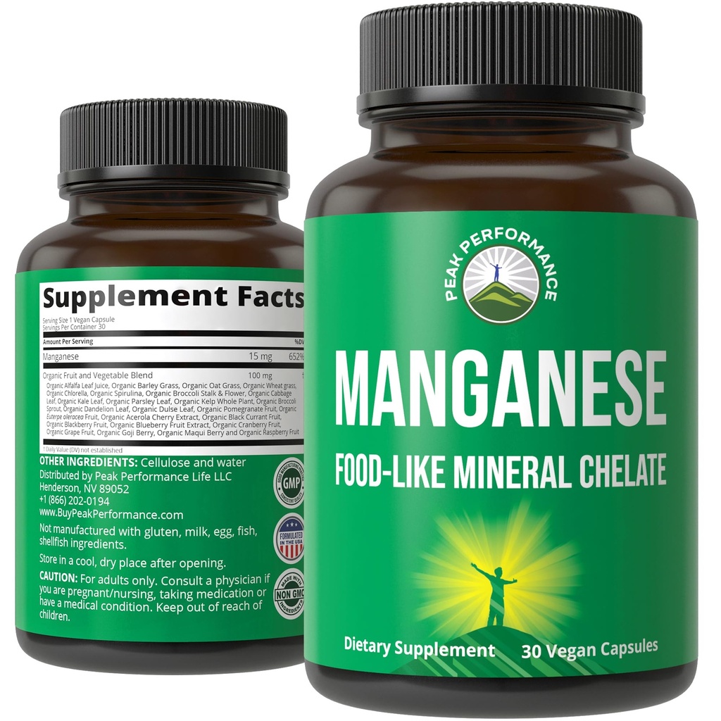 Manganese Supplement Food Like Mineral Chelated For Superior Abxia With Whole Food Assembly Of 25+ Fruits & Sebzes. Saf Trace Mineral Capsules For Connective Tound, Bone Health, Enzyme Support