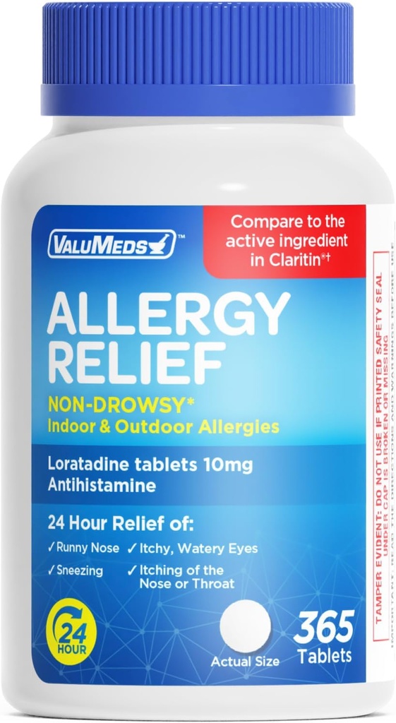 ValuMeds Loratadine 10 mg Non-Drowsy 24 Saat Antit ve Açık | All-Day Antihistamine Alergy/Sinus Pills for Runny Nose, Sneezing, Itchy, Watery Eyes | Claritin ile Karşılaştırma | 365 Tablet