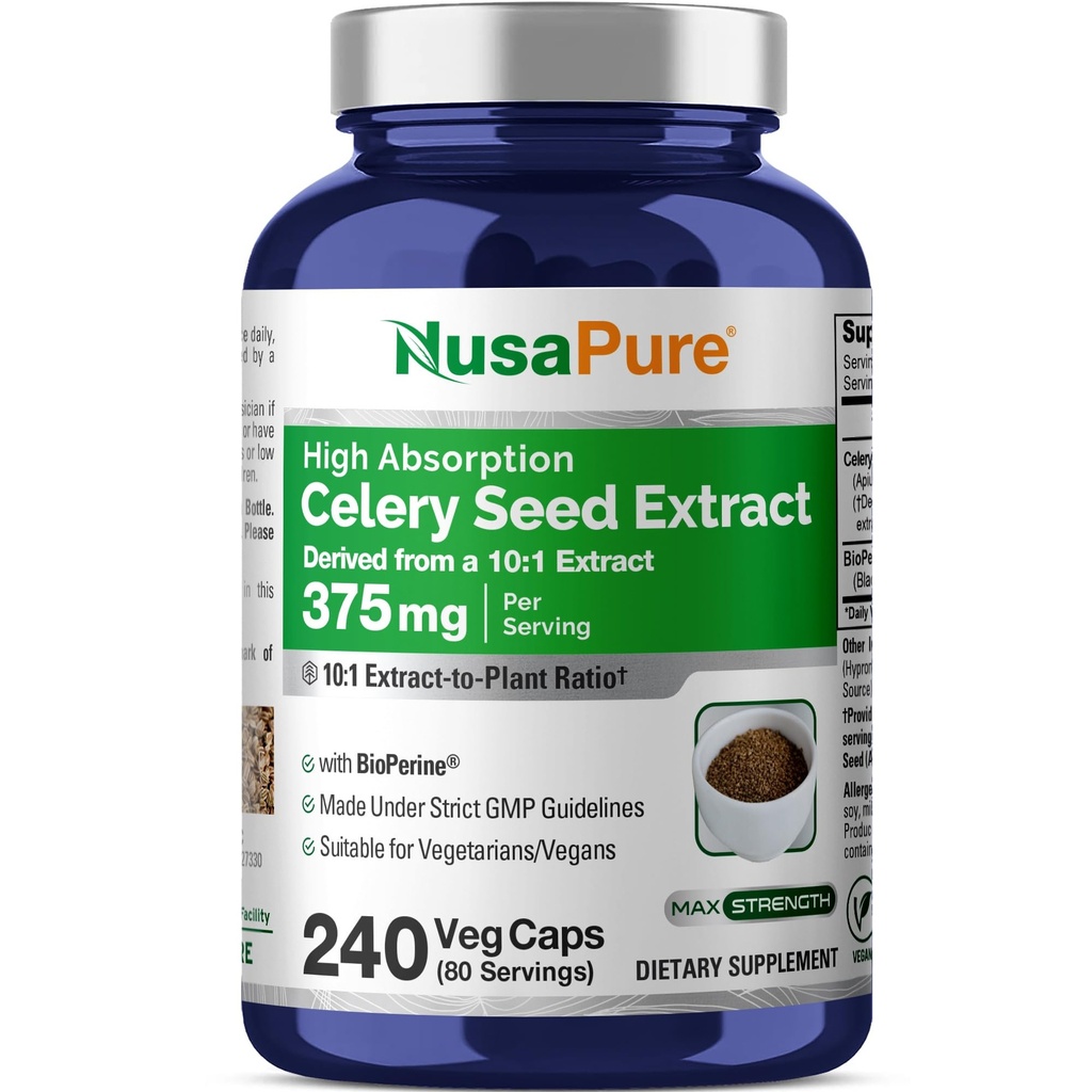 NusaPure Celery Tohum Capsules 10:1 Ekstraksiyon, 375 mg 3750 mg, 240 Veggie Caps, Non-GMO, Vegan
