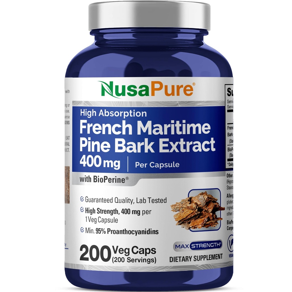 NusaPure French Maritime Pine Bark Extract 400mg ανά Veggie Caps 200-Ημέρες Παροχή Βιοπερίνης Μη ΓΤΟ Vegan