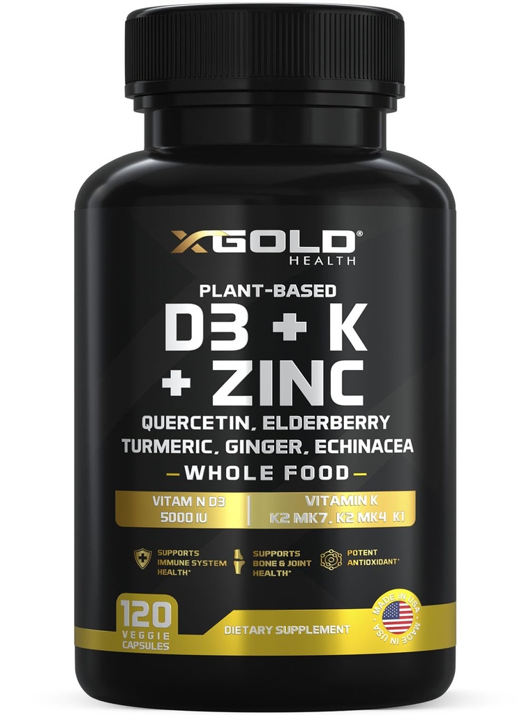 D, K2, K1, çinko, Quercetin, Elderberry, Turmeric, Ginger & Echinacea Whole Food Supplement 8 in 1- D3 5000 IU Plant-Based from Lichen, C (K2 MK7, MK4, K1), D3 K2