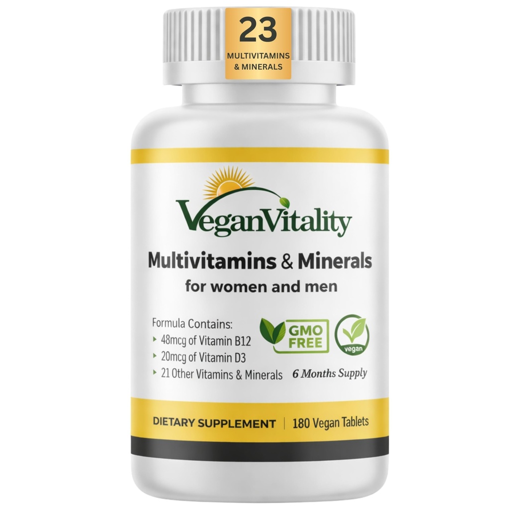 Vegan Vitality Multivitamins & Minerals for Women and Men with High Strength Vitamin B12, D3 & K2. 180 Vegan Multivitamin Tabletleri - 6 Ay Supply. Vegans & Vegetarians için Vitaminler