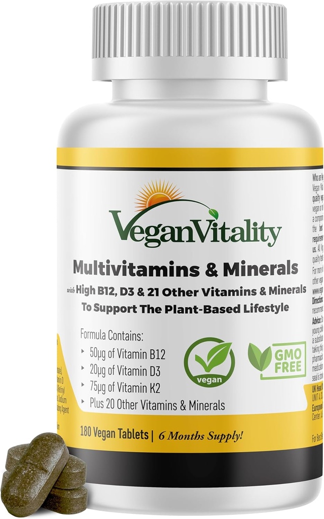 Vegan Vitality Multivitamins & Minerals for Women and Men with High Strength Vitamin B12, D3 & K2. 180 Vegan Multivitamin Tabletleri - 6 Ay Supply. Vegans & Vegetarians için Vitaminler