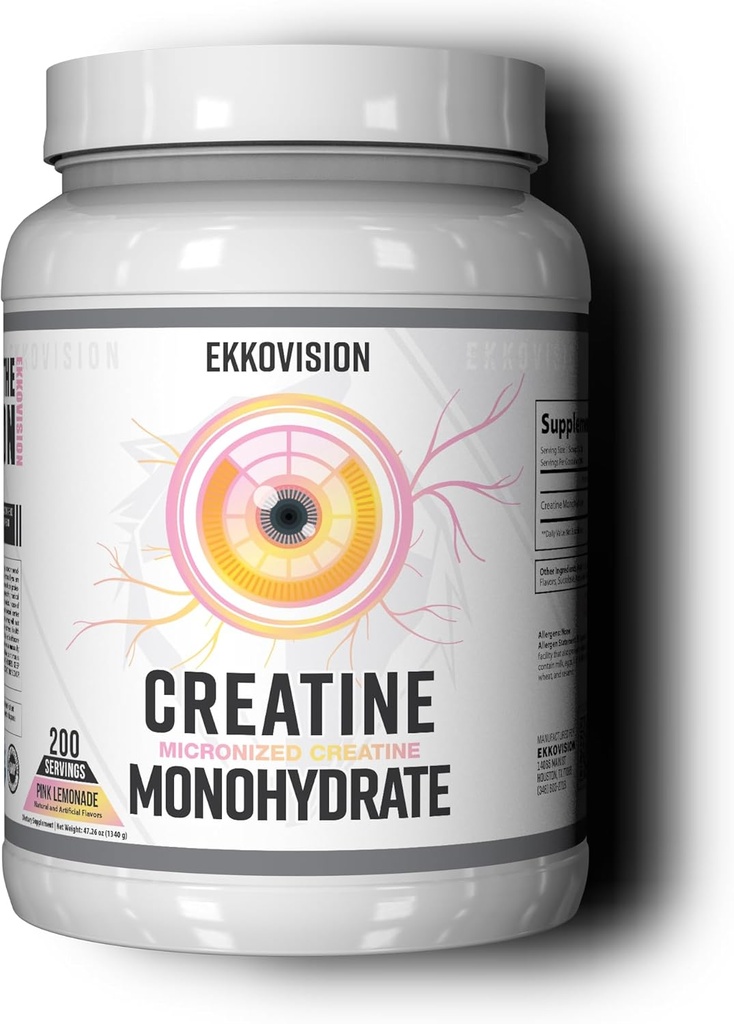 Ekkovision Creatine Monohydrate Powder, Micronized, Pink Lemonade, Pre Workout & Post συμπλήρωμα προπόνησης για άνδρες και γυναίκες, Ενεργειακή υποστήριξη, εύκολο να αναμειχθεί σε ανακινήσεις, smoothies & ποτά, 200 εξυπηρετούν