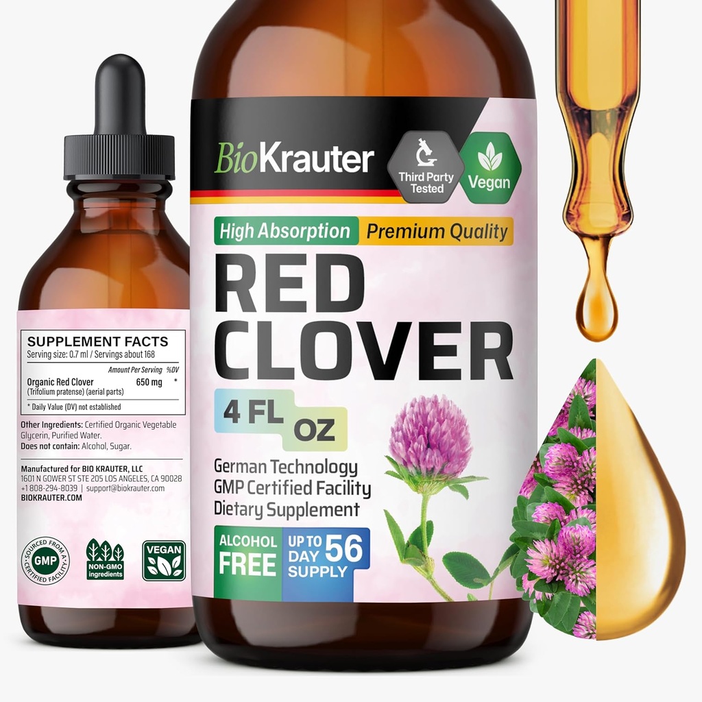 BIO KRAUTER Red Clover Βάμμα - Red Clover Extract - Υγρό συμπλήρωμα για την υποστήριξη των γυναικών - Αλκοόλ και ζάχαρη δωρεάν - Vegan σταγόνες 4 fl.Oz.