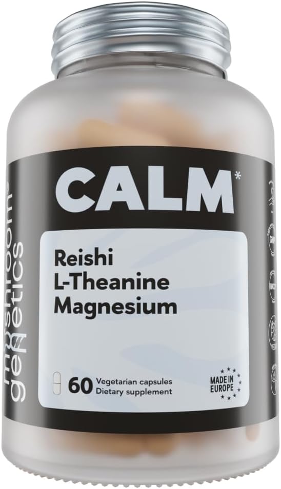 Mushroom Genetics Reishi, L-Theanine & Magnezyum Supplement – Adaptojenik Mushroom Capsules | Rahatlama için Stres Yardımı Tamamlama, Uyku ve Immune Health | Brain Wellness Support | 60 Capsules