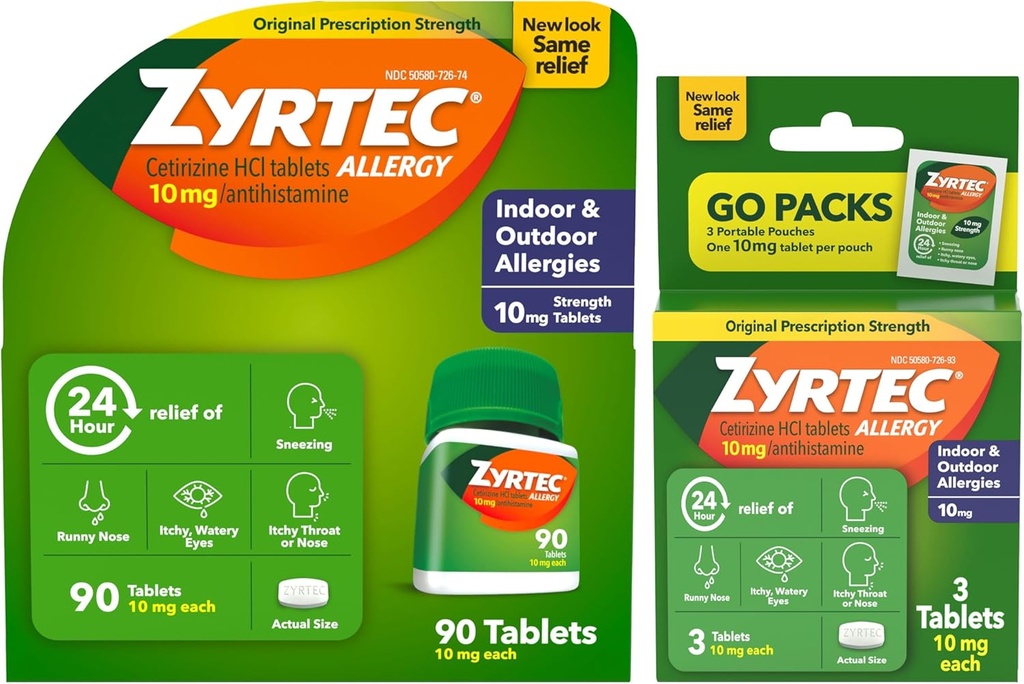 Zyrtec 24 Saat Antisiyon Tabletleri, Kapalı ve Açık Alerji Tıpı 10 mg Cetirizine Anti Antihistamine, Value Sche of one, 90 ct Şişe & Three, 1 ct Travel Packs