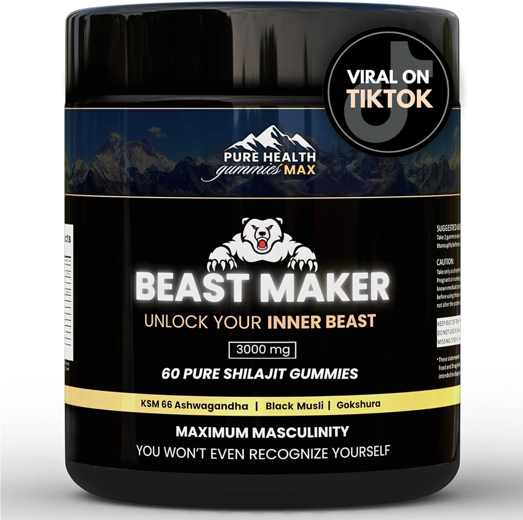 Beast Maker - Pure Shilajit Gummies for Men | Natural Himilayan Organik Shilajit Authentic Male Support Supplement with Ashwagandha, Black Musli, Gokshura | 60 Gummies