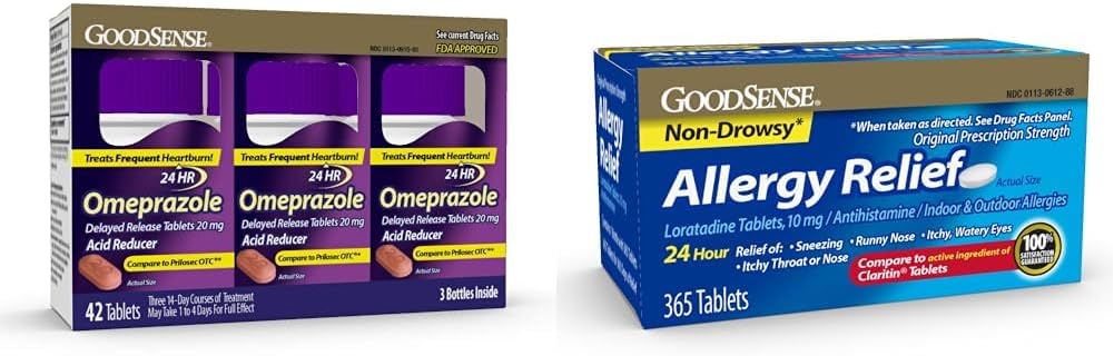 GoodSense Omeprazole Tablets 20mg 14 Count Pack of 3 & Loratadine Tablets 10mg 365 Count Allergy Relief Antihistamine