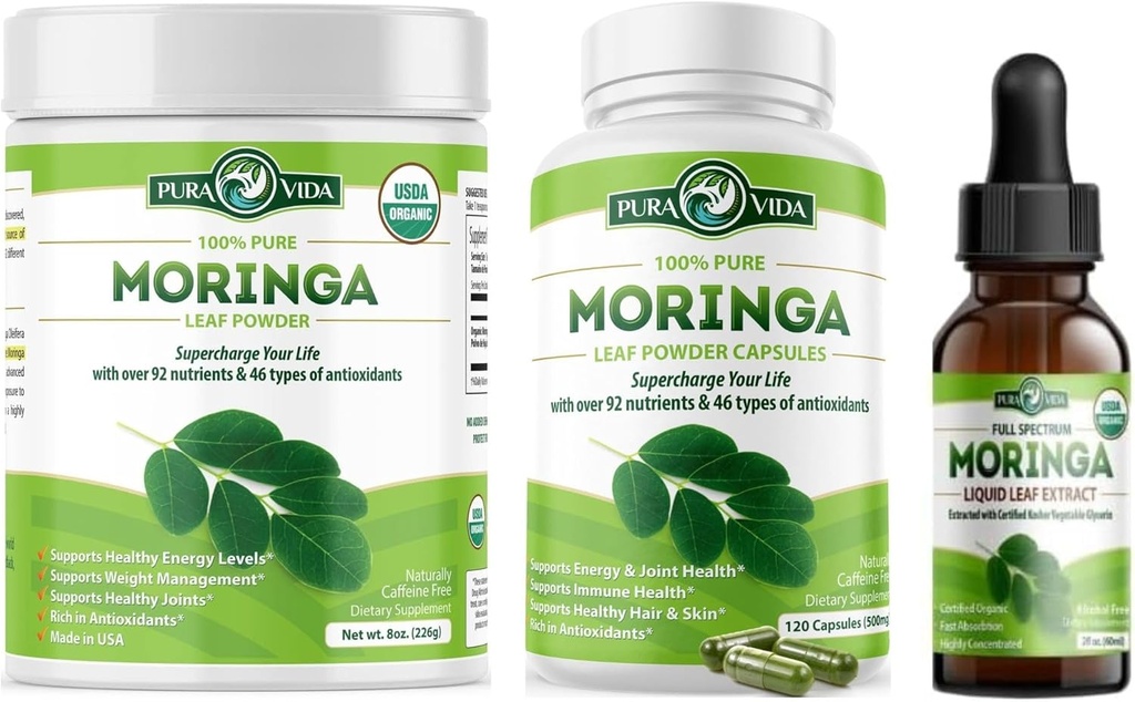 PURA VIDA MORINGA σκόνη 8 oz κάψουλες (120 Count) και Moringa Leaf Extract σταγόνες (2fl oz)