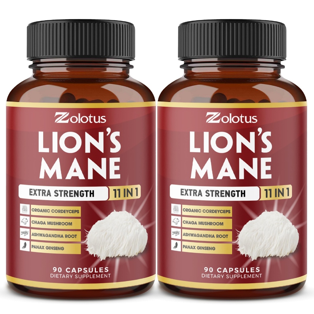 Zolotus 2 Packs 90 Capsules Lions Mane Mushroom Supplement, 6 Moon Supply with Cordeyceps, Reishi, Ashwagandha, Focus, Memory and Brain Support Supplement, Immune Support, Energy Pills