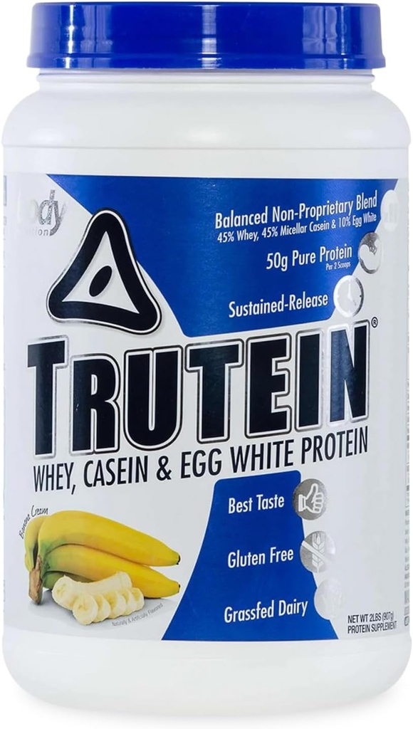 Vücut Beslenme Trutein Yüksek Protein Tozu:% 45 Whey,% 45 Casein,% 10 Egg White, Gluten-Free, Low sodyum, Grass Fed Whey Protein Toz, Gym Supplement & Breakfast Shake, Banana Cream, 2lb