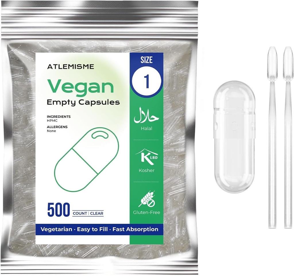 Empty Vegan Capsules Size 1, 500-Count DIY Vegetable Capsules for Filling | Includes 2 Micro Lab Spoons