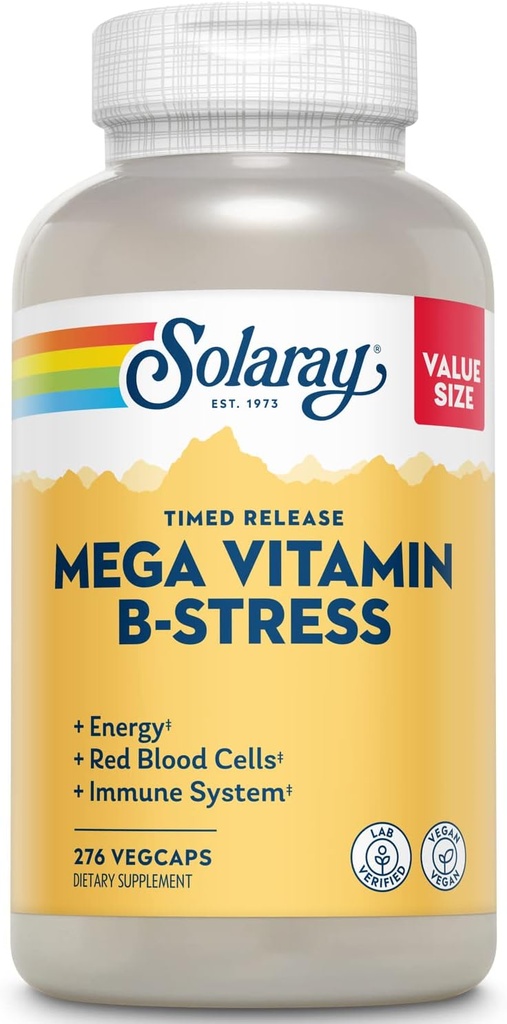 SOLARAY Mega Vitamin B-Stress - Zamanlı B Kompleks w/Vitamin B12, B6, Folic Acid, VIT. C - Stres, Enerji, Kırmızı Kan Hücresi, Immune Destek - Vegan, 60 Günlük Garanti (276 CT)