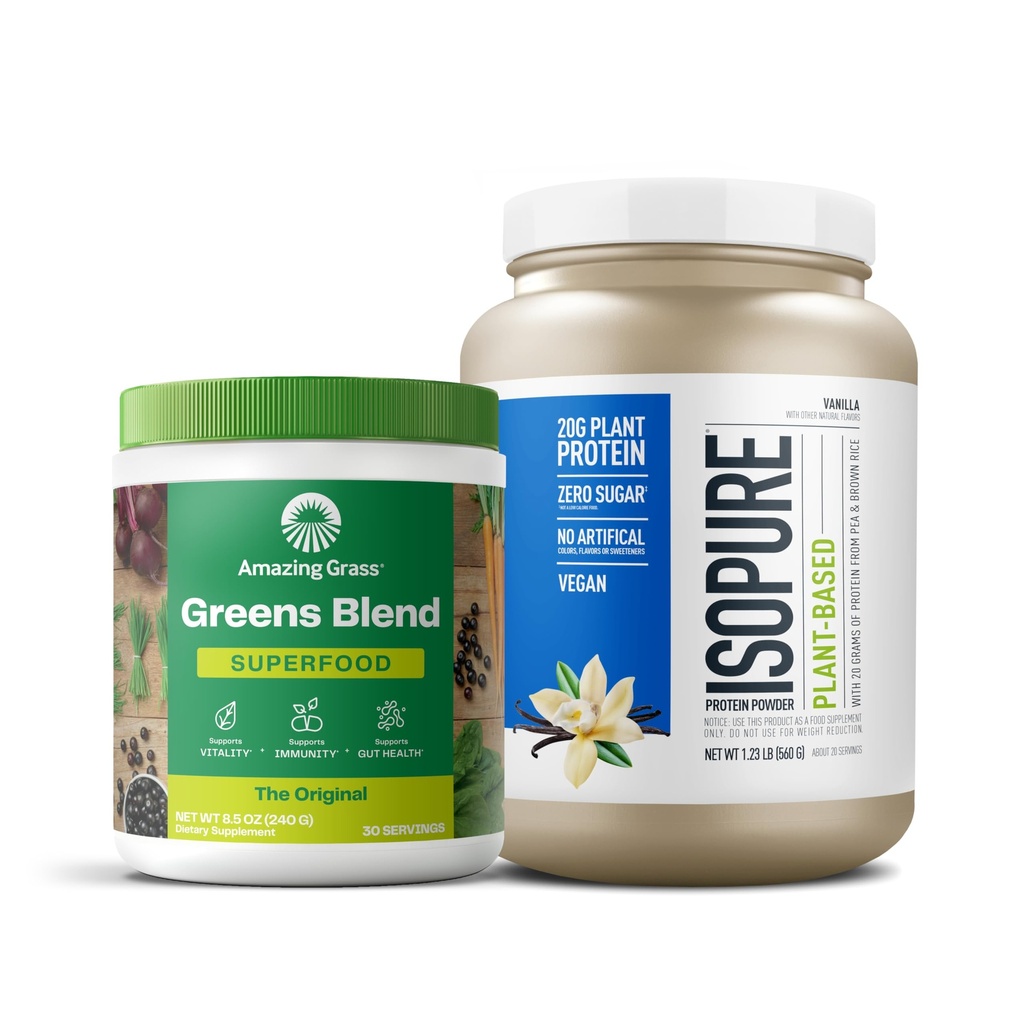 Amazing Grass Greens Superfood Toz: Orijinal, 30 Hizmet + Isopure Vanilla Vegan Protein Tozu, Bitki bazlı, Organik Pea Protein, Süt Free, 20 Hizmet (Pazar Mayıs Vary)