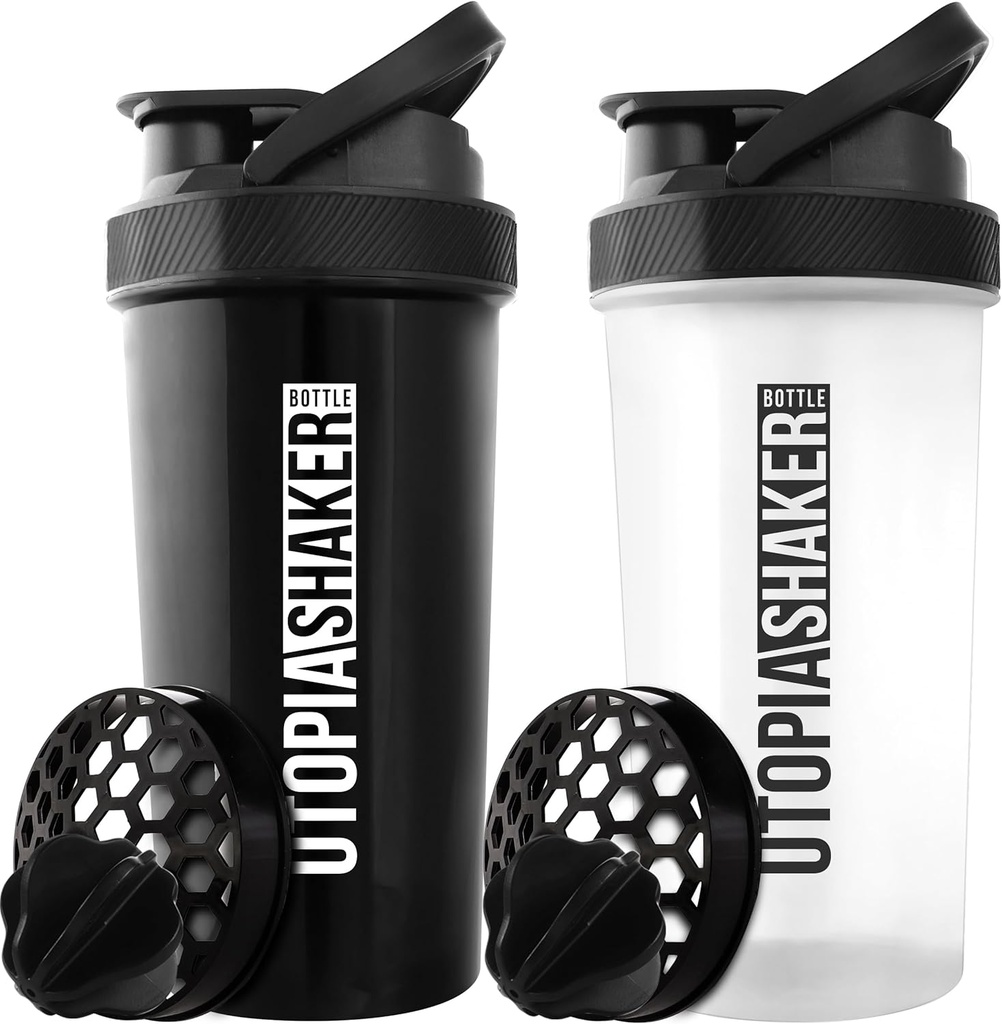 Utopia Home Protein Shaker Şişe - (Pack of 2) 28-Ounce Shaker şişeleri Protein Mixes için - Fitness Sports Classic Protein Shak Shaker Şişe (Black & Clear/Black)