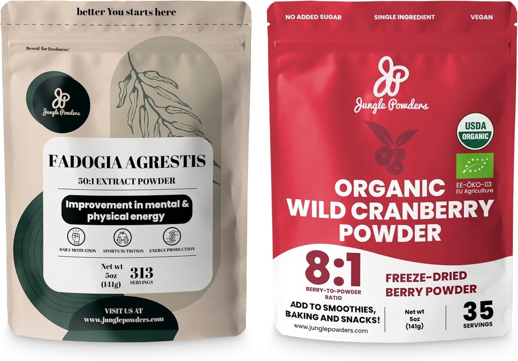 Σκόνες Ζούγκλας Ultimate Ανδρικό Wellness Duo: 5oz Fadogia Agrestis Extract & 5oz Βιολογικό Wild Cranberry σκόνη - Νιγηρία Fadogia συμπλήρωμα για Drive & Πάθος, USDA Certified Cranberry Superfood