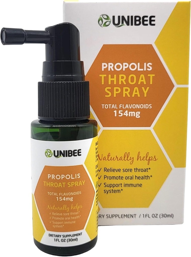 UNIBEE Propolis Throat Spray (Top Flavonoids 154 mg) - Sore Throat Relief, Oral Health Promosyon, Natural Immune Support, Alkol-Free & Water-ffordable Propolis Propolis