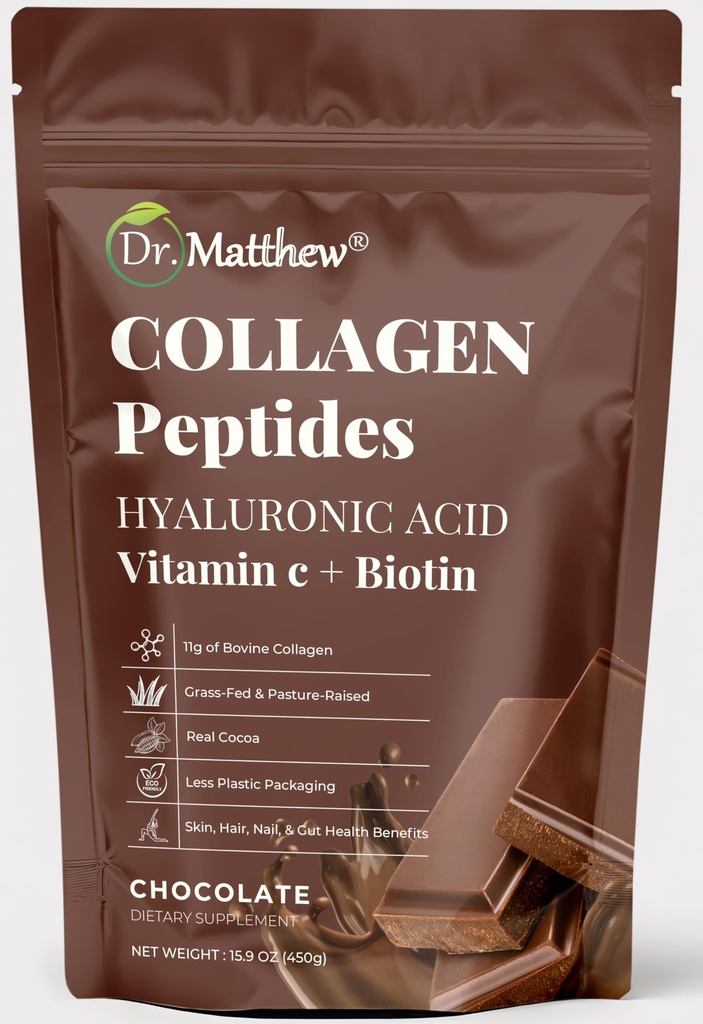 Chocolate Collagen Powder. Collagen with Hyaluronic Acid and Vitamin C. Chocolate Collagen Peptides Powder Chocolate. Collagen with Vitamin C & Biotin for Hair, Skin, Nails, Joint. Keto, Type 1 and 3.