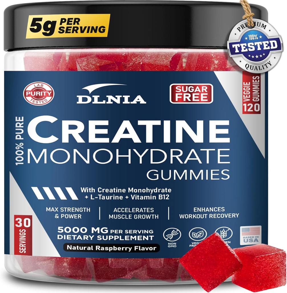 Erkekler ve Kadınlar için 120 Kretine Monohidrat Gummies, Vegan-Friendly, Sugar-Free, & Tasty Chewables - Geliştirilmiş Kaslar Büyümesi, Kurtarma ve Performans (Raspberry)