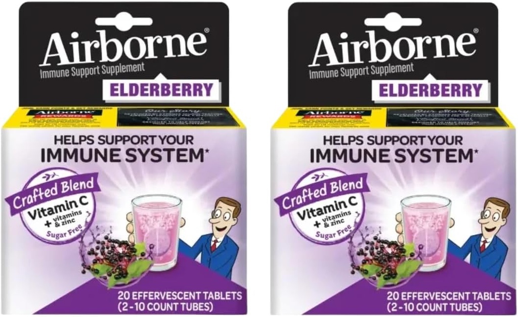 Elderberry Extract + Vitamin C 1000 mg (per service) - Airborne Effervescent Tabletler (20ct), Gluten-Free Immune Support Supplement, with A C E, ZINC & Selenium, Sugar Free (Pack of 2)
