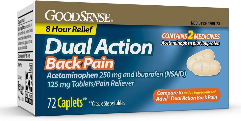 GoodSense Dual Action Acetaminophen ve Ibuprofen (NSAID) Tabletler, 250 mg/125 mg, Back Pain, 72 Kont Count