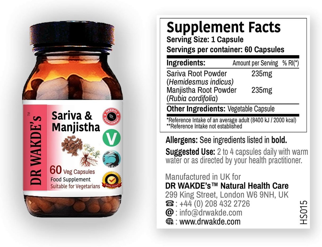 DR WAKDE'S Sariva & Manjistha Capsules (60 Veg Caps, Detoxing Herbs, Supports Health Skin, Ayurvedic Supplement, Vegan, Herbal, All Natural, Made in UK)