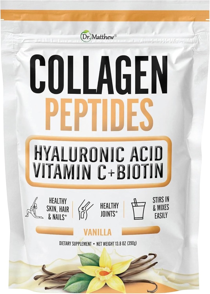 Matthew Vanilla Collagen Protein Powder με Υαλουρονικό Οξύ, Βιταμίνη C και Βιοτίνη για μαλλιά, δέρμα, νύχια, αρθρώσεις. Κέτο, τύπου 1 και 3.