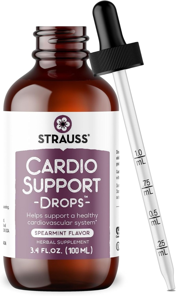 Strauss Naturals Cardio Support Drops – Natural Herbal Heart Health Supplement – Erkekler ve Kadınlar için Sağlıklı Kartiovasküler Sistem - Vegan & Non-GMO – Spearmint Flavored – 100 ml Şişe