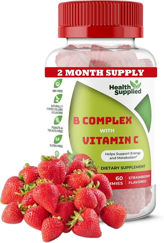 Φράουλα Γεύση Βιταμίνη Β Σύμπλεγμα Gummies - B Complex with Vitamin C - Υποστηρίζει το νευρικό σύστημα και ενισχύει τα επίπεδα ενέργειας - Βοηθά με Γνωστική λειτουργία - Μεγάλη γεύση και εύκολο να καταπιούν