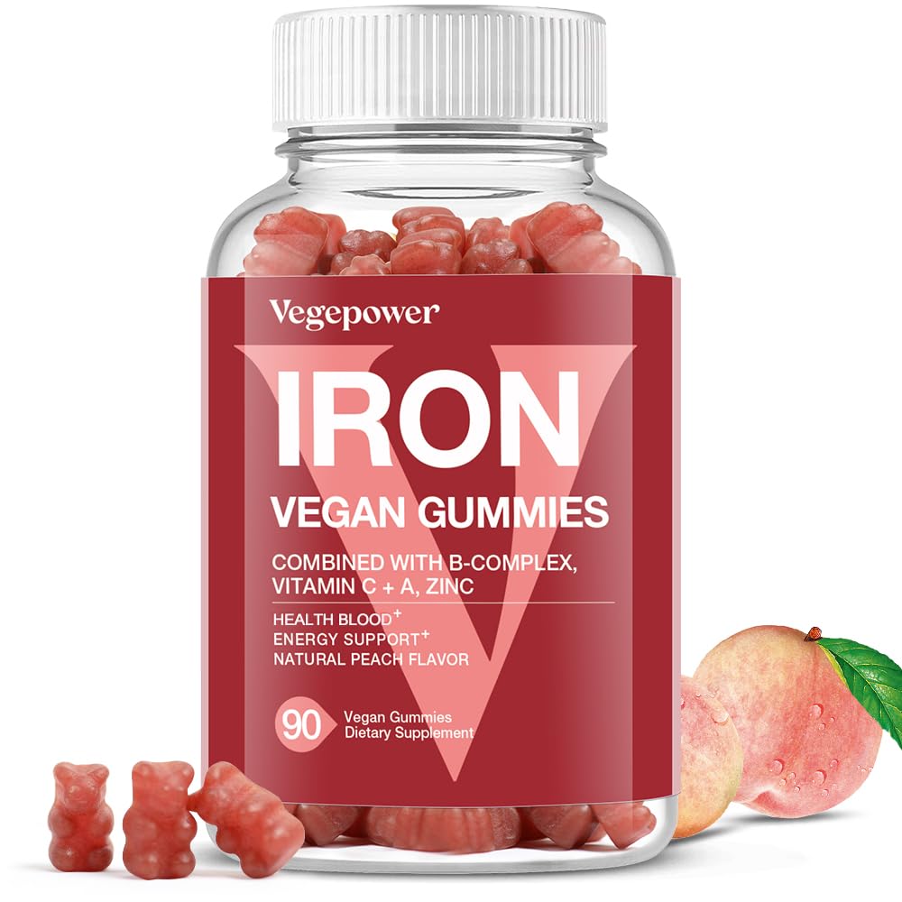 Vegan Demir Gummies Supplement - C, A, B-Complex, Folate, Yetişkinler ve Çocuklar için çinko - Demir Eksikliği için Sağlık Kan & Enerji Desteği, Anemia, No Taste - Peach Flavor (90 Ct)