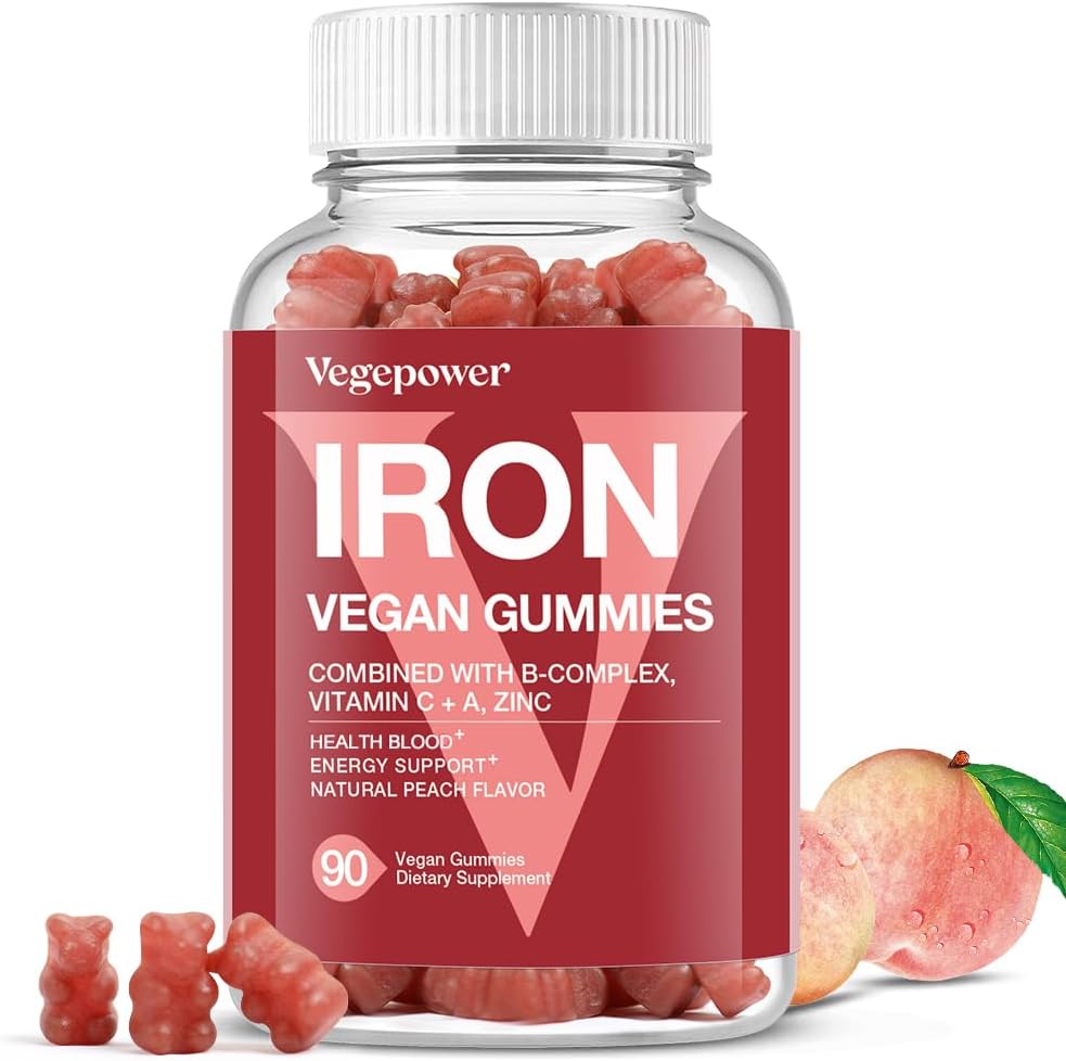 Vegan Demir Gummies Supplement - C, A, B-Complex, Folate, Yetişkinler ve Çocuklar için çinko - Demir Eksikliği için Sağlık Kan & Enerji Desteği, Anemia, No Taste - Peach Flavor (90 Ct)