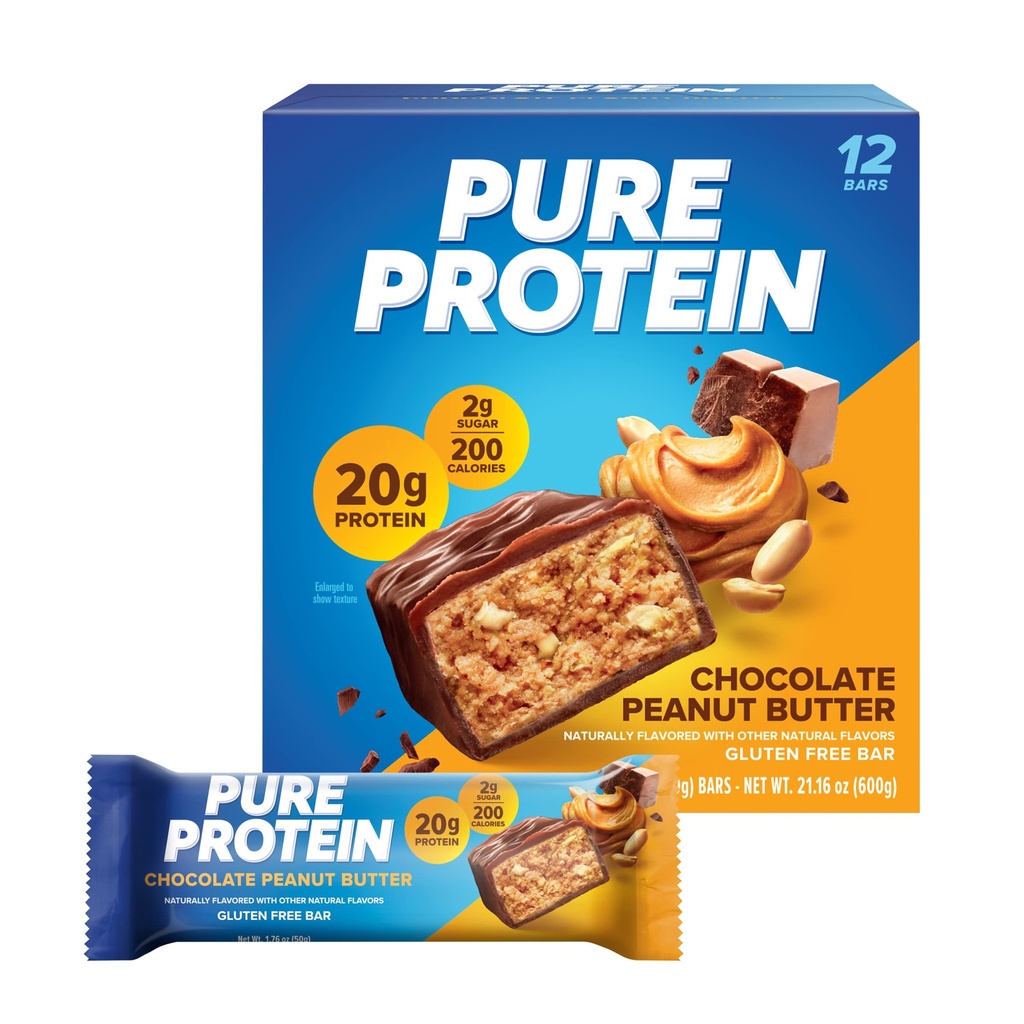 Pure protein Bars, Yüksek Protein, Soritious Snacks to Support Energy, Low Sugar, Gluten Free, Chocolate Peanut Butter, 1.76oz, 12 (Pazar Mayıs Vary)