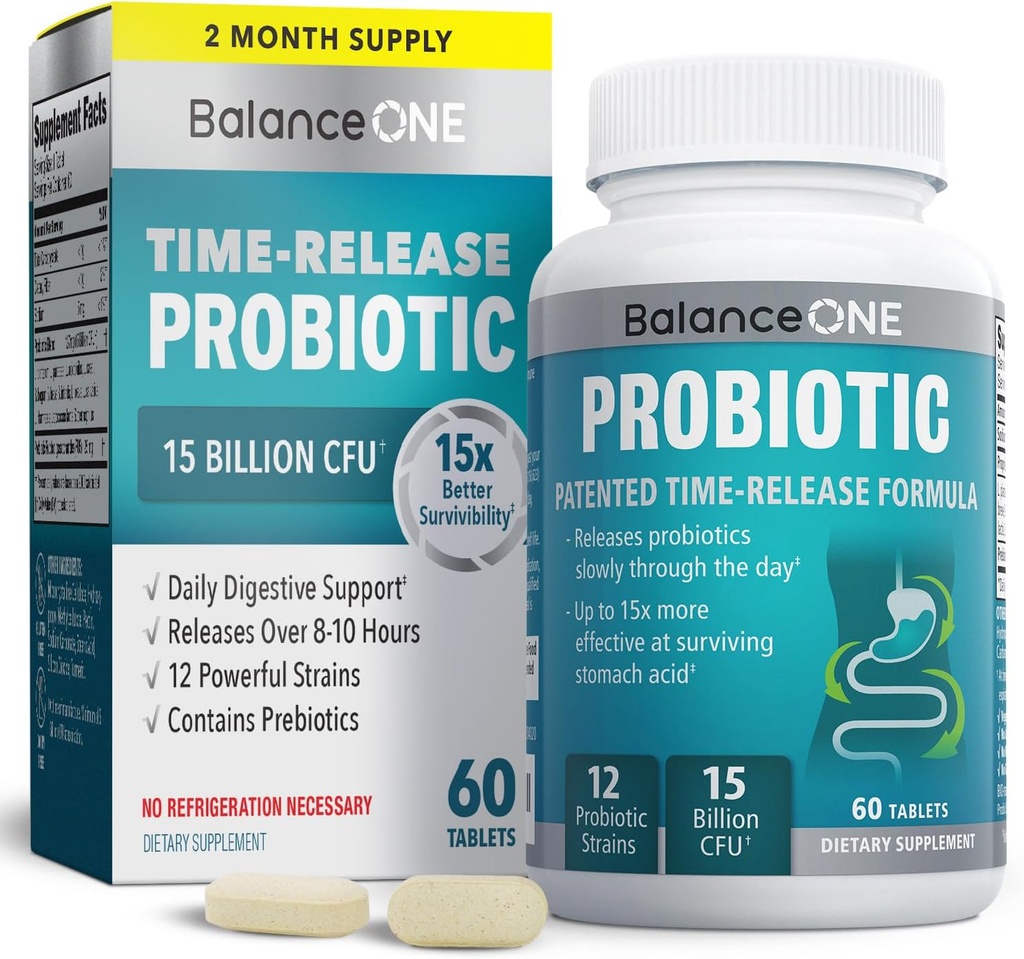 Ισορροπία ONE Probiotic για γυναίκες και άνδρες – Time-Release Tablets για 15x Επιβίωση – 12-Strain Formula με L. Plantarum & L. Acidophilus – Gut & Digestive Health Support – 60 Tablets