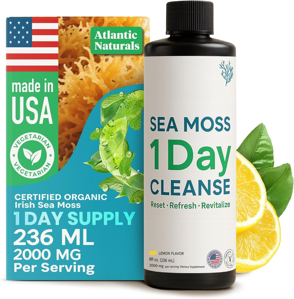Atlantic Naturals - 1 ημέρα καθαρισμού του παχέος εντέρου Full Body Detox Drink - Sea Moss συμπλήρωμα για γυναίκες & άνδρες, την υγεία των ούλων, νεφρών και του ήπατος ανοσοενισχυτής ενέργειας Gut Cleanse - χυμό άρωμα λεμόνι, 8 fl oz
