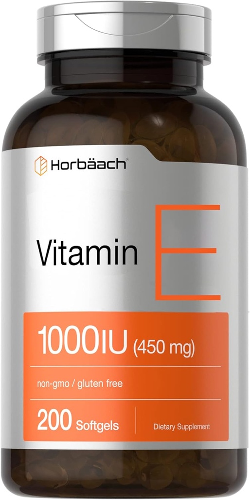 Horbäach Vitamin E 1000 IU Softgel Capsules | 200 Count | Non-GMO, Gluten Free, Preservative Free | E Oil E Oil