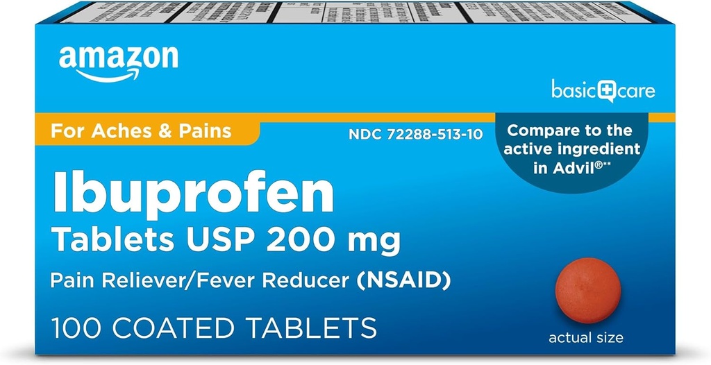 Temel Bakım Ibuprofen Tabletleri 200 mg, Ağrı Reliever/Fever Solution, 100 Count (Packating değişebilir)