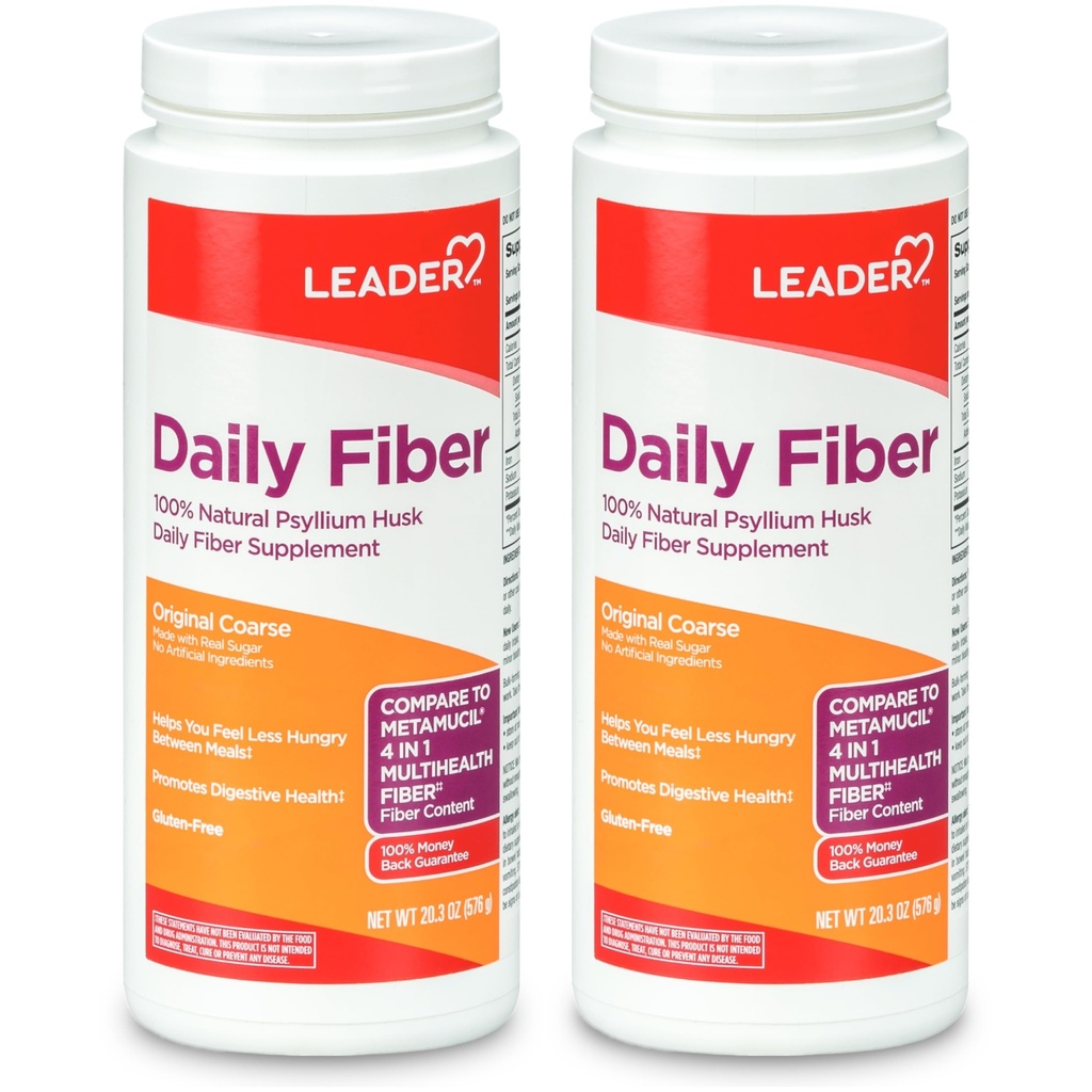 LEADER Psyllium Husk Toz Supplement 4-in-1 Fiber for Digestive Health, Plant Based 100% Natural Psyllium Husk Daily Fiber, Gluten Free, Non-GMO, Metamucil 20.3 OZ (Pack of 2)