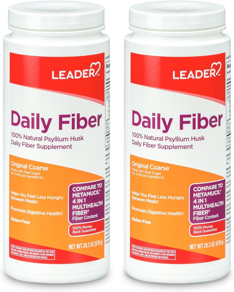 LEADER Psyllium Husk Toz Supplement 4-in-1 Fiber for Digestive Health, Plant Based 100% Natural Psyllium Husk Daily Fiber, Gluten Free, Non-GMO, Metamucil 20.3 OZ (Pack of 2)