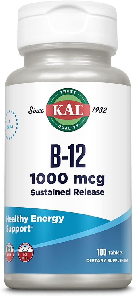 KAL B12 1000 Live Energy, Metabolism, Heart Health, Nerve ve Red Blood Cell Support, Long-Lasting Formula, Vegan, 100 Hizmet, 100 Tablet
