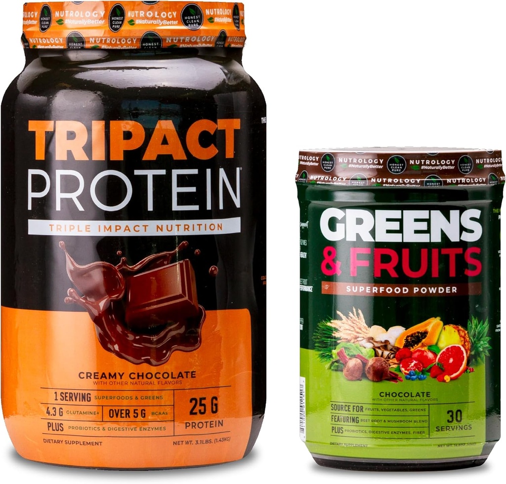 Nutrology TRIPACT Protein Powder, 7-in-1 Replacement Meal Shake, Κρέμα σοκολάτας (40 σέρβις) Πράσινα & Φρούτα Σκόνης-Φυσικά προέρχεται Superfood, Σοκολάτα (30 σέρβις)