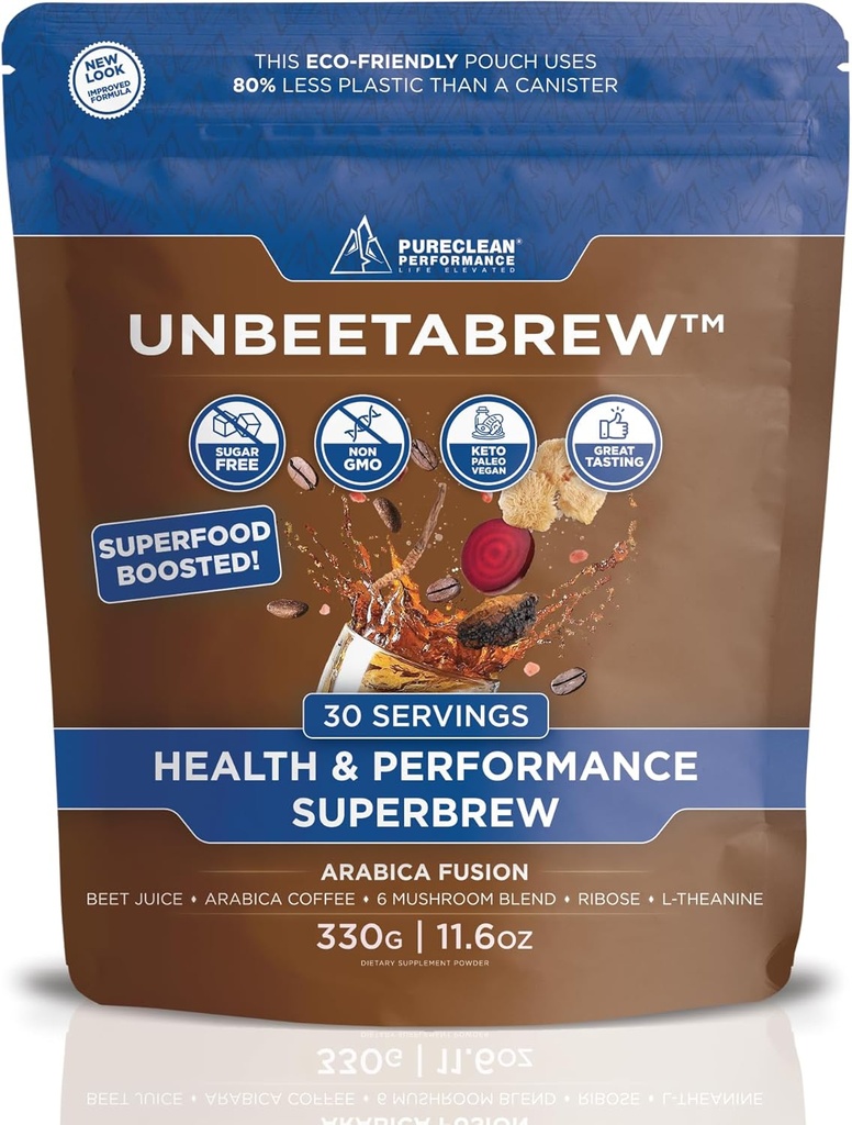 UNBEETABREW Organik Arıtroot & Mushroom Coffee – Plant-Based, Energy with Beet Juice, Adaptogens, L-Theanine & D-Ribose – Focus, Strength & Stamina – USA Made with Organic Arabica Beans - 30 Hizmet