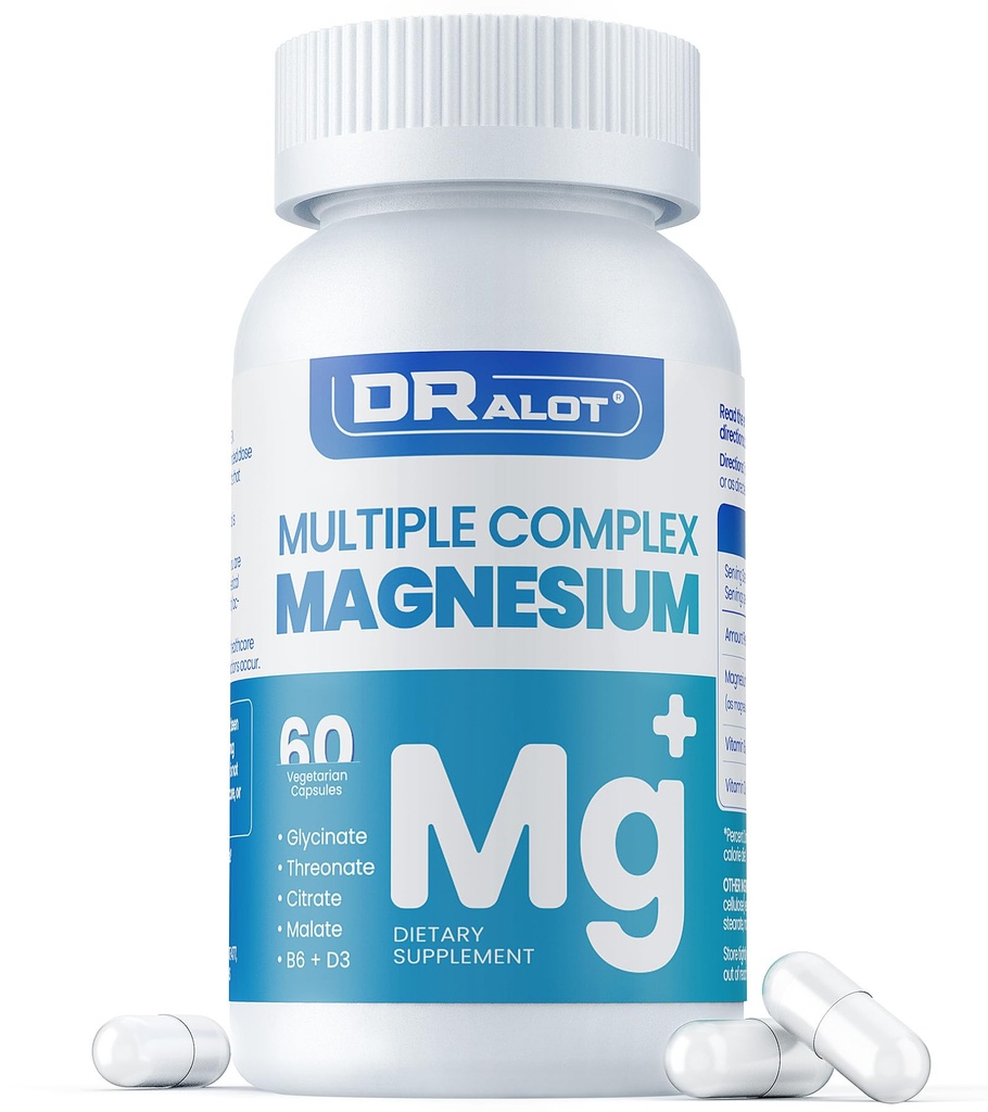 Quadruple Magnezyum Tamam, Chelate Magnezyum Glycinate, L-threonate, Citrate & Malate | Max Abxia Complex w/Vitamin D3 & B6, Sleep Heart Muscles Nerves için, Non-GMO, 60 Vegan Caps